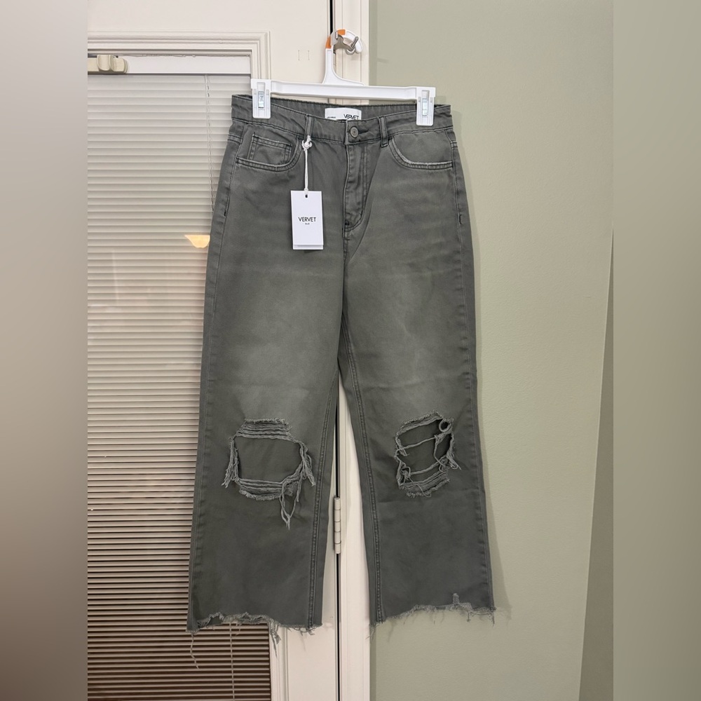 Velvet Women's Charcoal Distressed Wide-Legged Cropped Jeans
